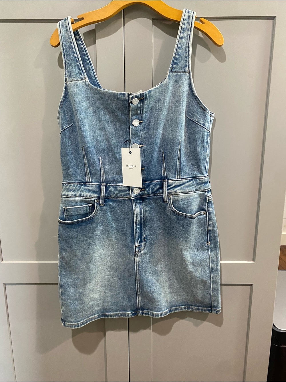 Light Blue Denim Pinafore Dress with Front Buttons